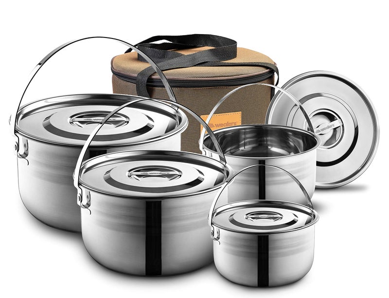 Wealers Camping Cookware Set - Compact Stainless Steel Campfire Cooking Pots and Pans | Combo Kit with Travel Tote Bag | Rugged Outdoor 4 Pc Cook Set for Hiking | Barbecues | Beach | Hiking Gear - Image 1